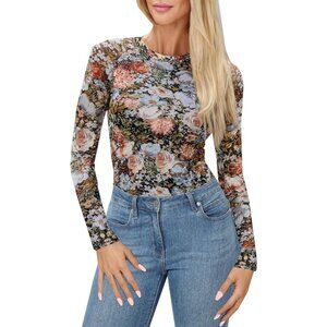 🆕 Women White Floral Mesh Top Crew Neck Long Sleeve Fitted Sexy Out Tee Shirts